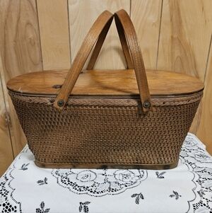 Vintage Red-Man Wicker Picnic Basket Farmhouse Primitive Decor Hinged Lid Wood